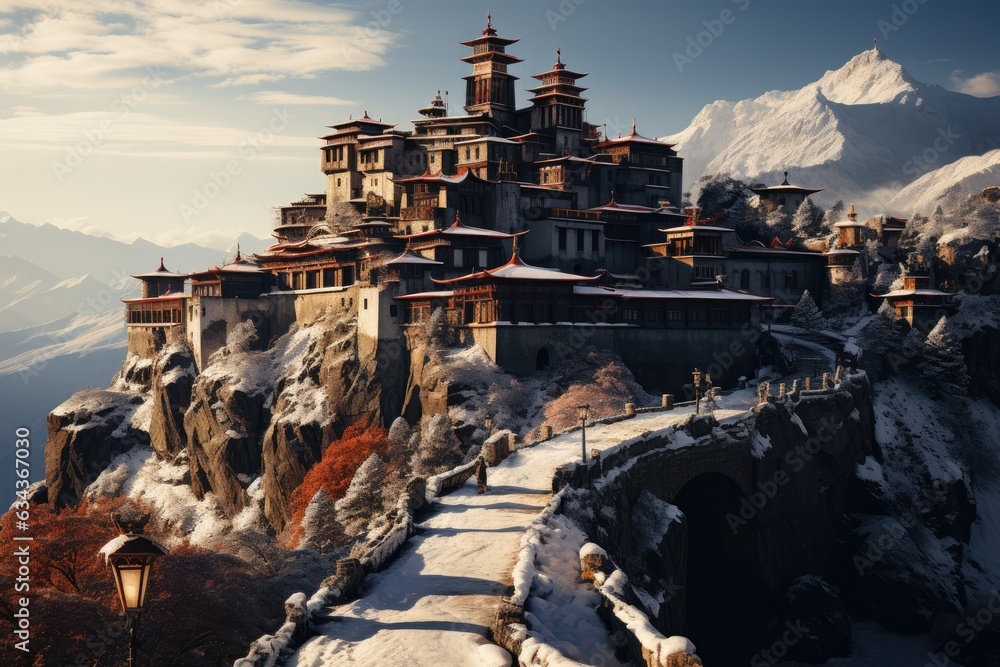 Veil of Tranquility: The Serene Isolated Monastery Adorning a Snow-Blanketed Mountain Peak with Quiet Grandeur