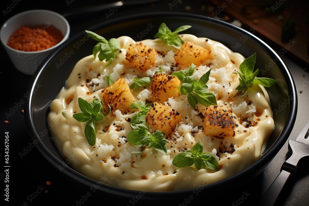 Truffle Macaroni and Cheese: Elevate the classic comfort dish with the addition of black truffle, a harmonious blend of flavors. Generated with AI