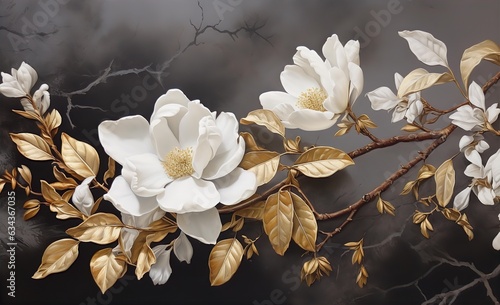 Fototapeta Naklejka Na Ścianę i Meble -  Watercolor painting floral digital art wall decor. Golden white and gray flowers for wall canvas decor. White magnolia flower in watercolor. 