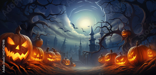 Spooky Halloween pumpkins in a row against countryside landscape with crooked trees and mysterious mansion under glowing moon. Cartoon illustration with copy space, generative AI