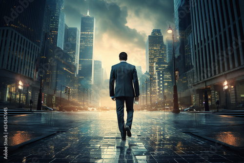 Businessman Walking Amid Corporate Skyscrapers. Man dressed in Business suit going for work. Ai generated