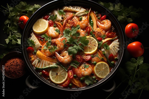 Tom Yum Goong: Indulge in the tantalizing flavors of this spicy and sour shrimp soup, infused with aromatic herbs and spices.Generated with AI