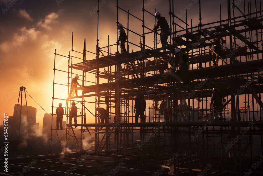 Construction Workers Transforming the Landscape. Scene captures the dedicated efforts of construction workers on a bustling construction site at sunset. Ai generated