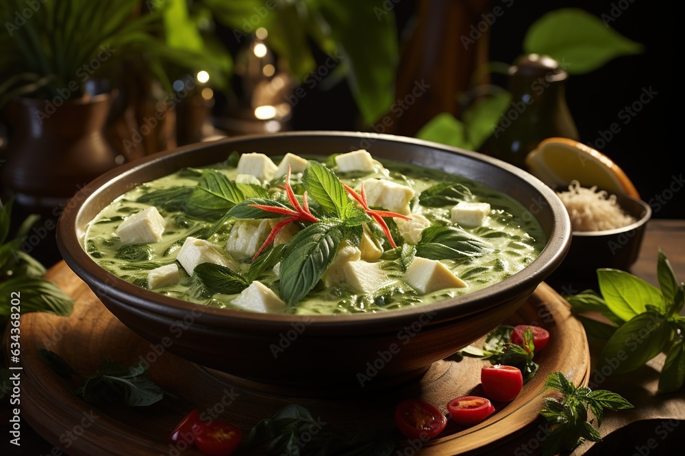 Green Curry (Gaeng Keow Wan): Savor the creamy and fragrant green curry, made with coconut milk, green chilies, and tender chicken or vegetables.Generated with AI Green Curry (Gaeng Keow Wan): Savor the creamy and fragrant green curry, made with coconut milk, green chilies, and tender chicken or vegetables.Generated with AI