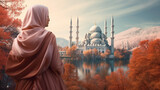 a woman in a hijab travels to famous places in the world 