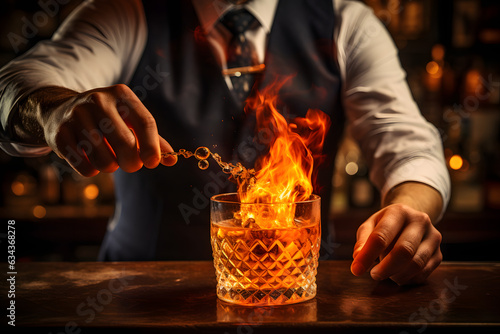 A bartender flaming an orange peel over an old-fashioned cocktail. photo