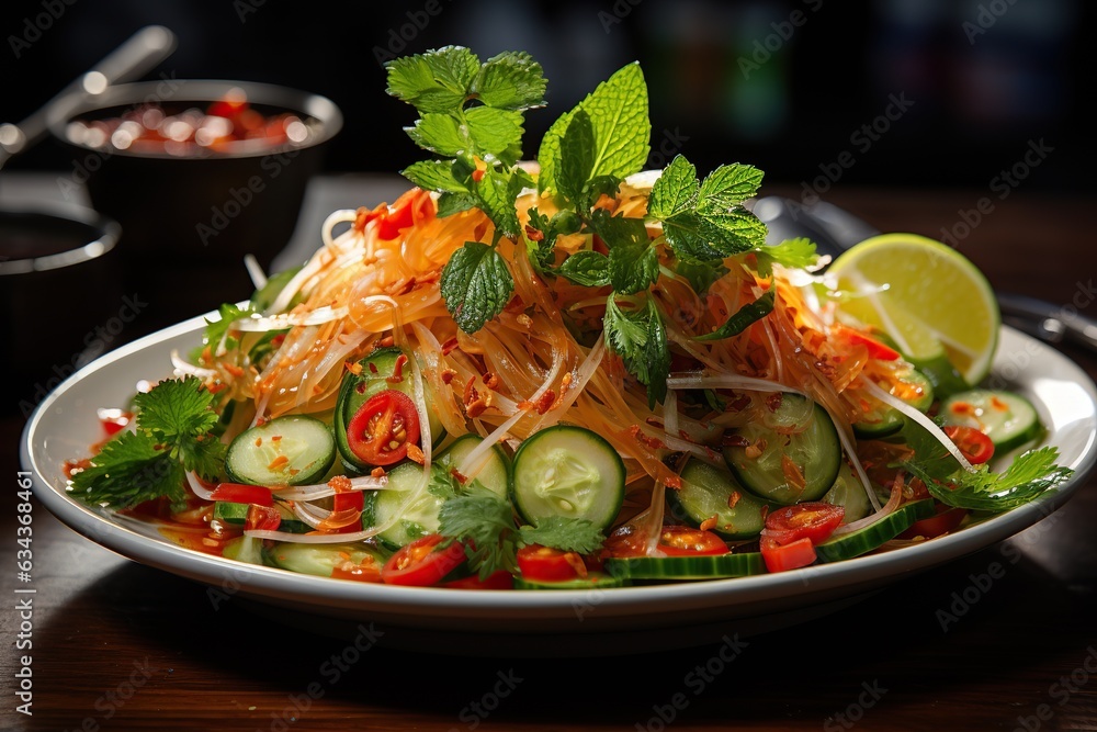 Som Tum: Delight in the refreshing and zesty green papaya salad, bursting with a combination of sweet, sour, and spicy notes.Generated with AI Som Tum: Delight in the refreshing and zesty green papaya salad, bursting with a combination of sweet, sour, and spicy notes.Generated with AI