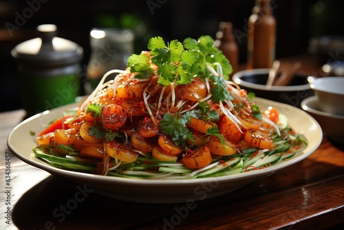Som Tum: Delight in the refreshing and zesty green papaya salad, bursting with a combination of sweet, sour, and spicy notes.Generated with AI