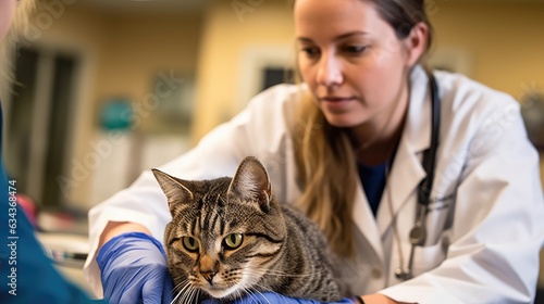 Female veterinarian examining cat