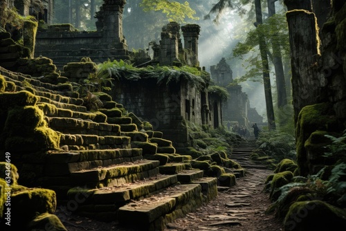 Misty Ascent  The Evocative Exploration of an Aged  Moss-Adorned Stone Stairway Winding Upwards amid the Lush Embrace of a Dense Forest