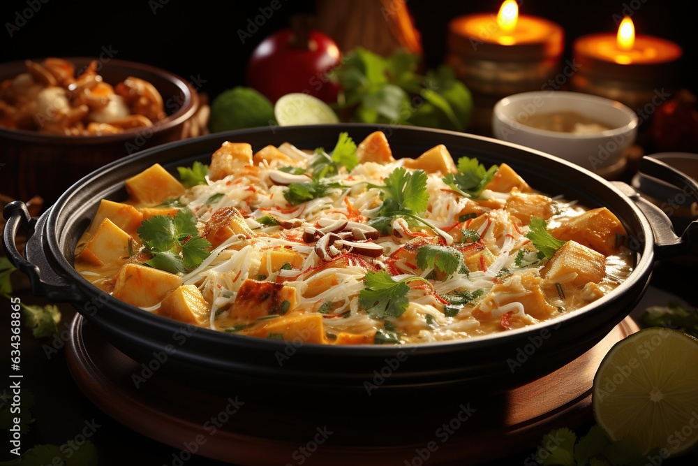 Massaman Curry: Experience the richness of this coconut-based curry with tender beef or chicken, infused with fragrant spices and peanuts.Generated with AI Massaman Curry: Experience the richness of this coconut-based curry with tender beef or chicken, infused with fragrant spices and peanuts.Generated with AI