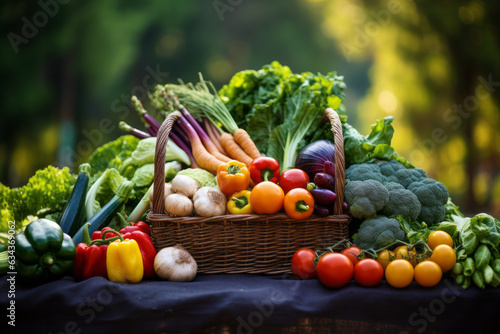 Vibrant Farmers Market Display with Fresh Produce in a Shopping Basket