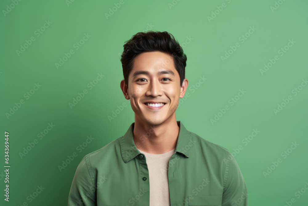 Smiling Asian Man with a Charming Portrait on a Green Studio Background Smiling Asian Man with a Charming Portrait on a Green Studio Background