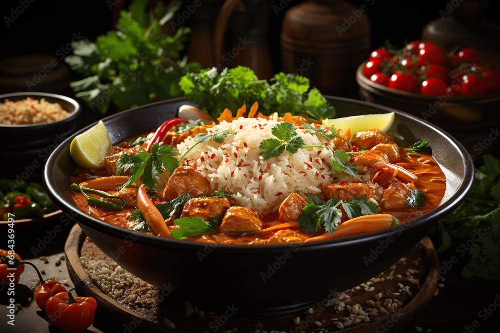Gaeng Daeng: Revel in the fiery and aromatic red curry, featuring succulent meat or tofu in a spicy coconut sauce.Generated with AI Gaeng Daeng: Revel in the fiery and aromatic red curry, featuring succulent meat or tofu in a spicy coconut sauce.Generated with AI