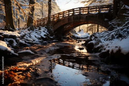 Bridge to the Silent Woods  Exploring the Aged Wooden Crossing over a Frozen Stream amid the Whispers of a Snow-Covered Forest