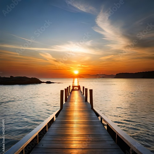 sunset over a pier on a lake. © sarmad