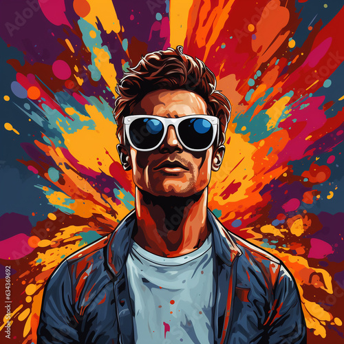 Pop art retro style rich young man wearing sunglasses on vibrant colorful background