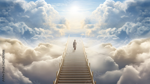 Slika na platnu Person walking up stairway to heaven through clouds in the sky after death