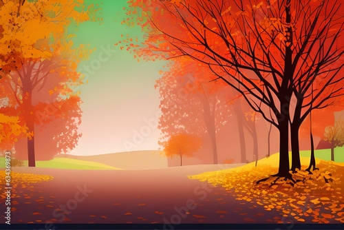 Leaves falling in Autumn. Landscape covered in beautiful colors of Autumn.Digital illustration. Kids Cartoon Backgrounds. Children Story Book illustration. 2d illustration. Generative AI