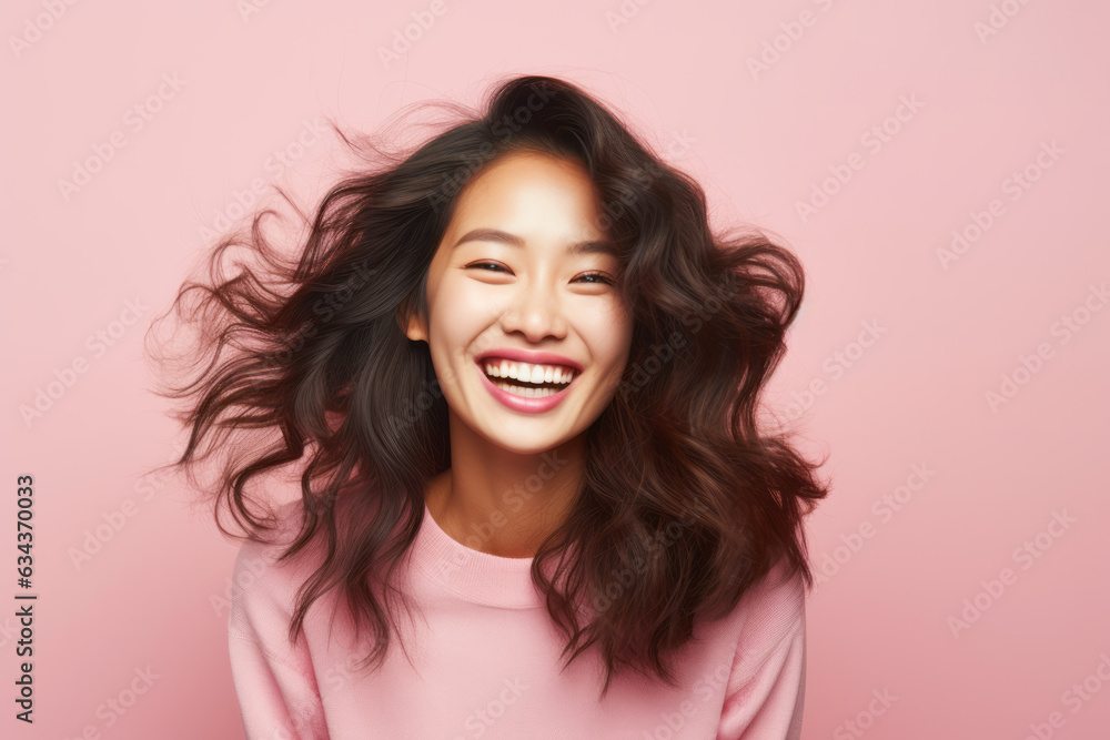 Radiant Asian Woman with a Playful Expression on Vibrant Pink Studio Background