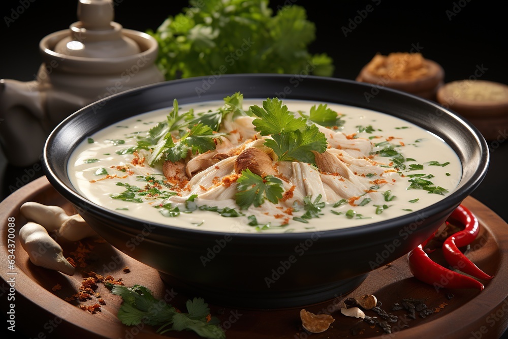 Tom Kha Gai: Delight in the creamy and spicy coconut soup with tender chicken and fragrant galangal.Generated with AI Tom Kha Gai: Delight in the creamy and spicy coconut soup with tender chicken and fragrant galangal.Generated with AI