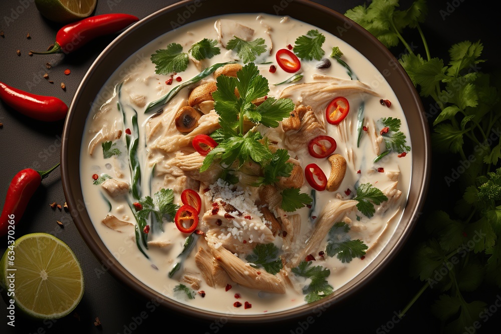 Tom Kha Gai: Delight in the creamy and spicy coconut soup with tender chicken and fragrant galangal.Generated with AI Tom Kha Gai: Delight in the creamy and spicy coconut soup with tender chicken and fragrant galangal.Generated with AI