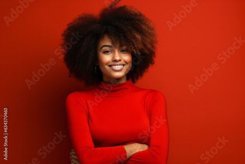 Radiant Black Woman with Infectious Smile on Vibrant Red Studio Background