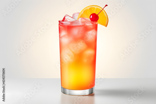 Tequila sunrise cocktail with a gradient color and cherry garnish. photo