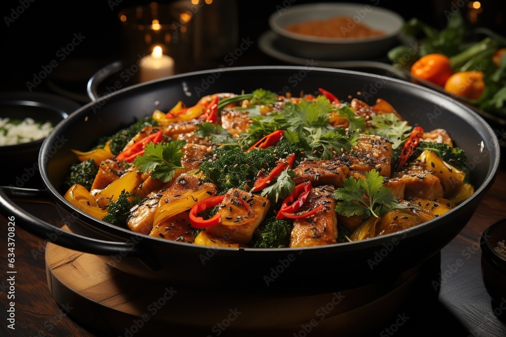 Moo Pad Kamin: Experience the enticing flavors of Thai-style turmeric pork stir-fry, a perfect blend of savory and aromatic spices.Generated with AI Moo Pad Kamin: Experience the enticing flavors of Thai-style turmeric pork stir-fry, a perfect blend of savory and aromatic spices.Generated with AI
