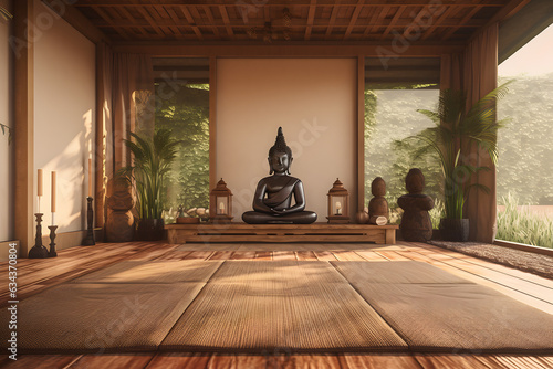 Zen meditation room with mats Buddha statues and tranquil surroundings. photo
