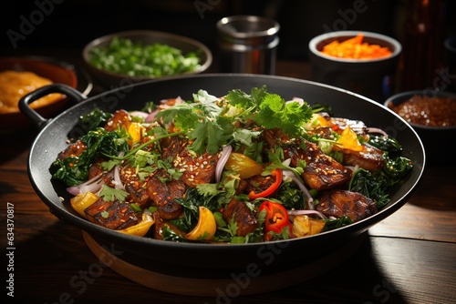 Moo Pad Kamin: Experience the enticing flavors of Thai-style turmeric pork stir-fry, a perfect blend of savory and aromatic spices.Generated with AI