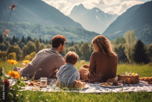 Mountain Serenity: Young Family Enjoys Picnic Amidst Breathtaking Landscape. Ai generated