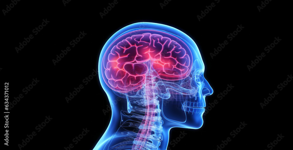 Transparent MRI or x-ray view of a skull and brain. Blood vessels and nerves. Medical imagine and technology. The future of intelligence, technology and AI implants. Neurodivergence. Transparent MRI or x-ray view of a skull and brain. Blood vessels and nerves. Medical imagine and technology. The future of intelligence, technology and AI implants. Neurodivergence.