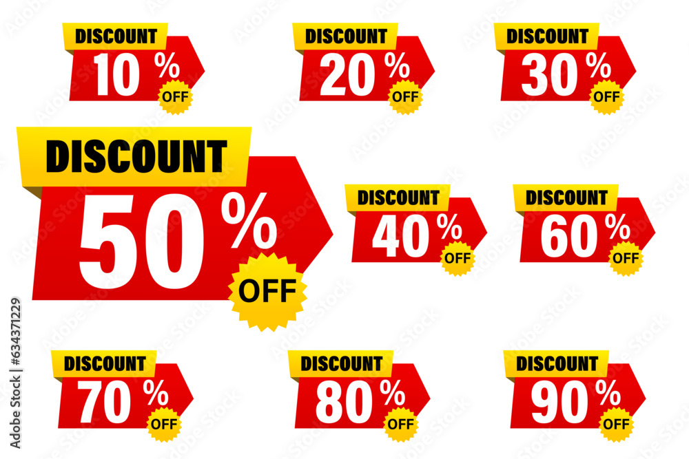 Discount price tag, Price 10 20 30 40 50 60 70 80 90 percent, Red yellow promotion sticker badge set for shopping marketing and advertisement clearance sale, special offer element, Vector illustration