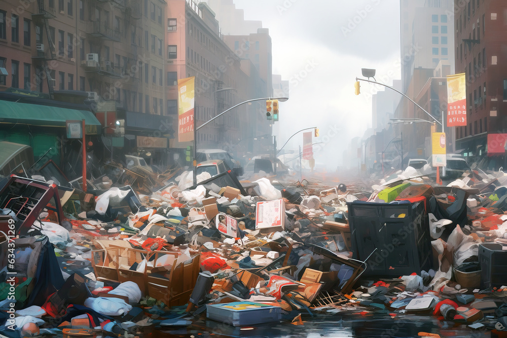 Naklejka premium Modern city street swamped with trash, an over-exaggerated illustration of a potential environmental dystopia