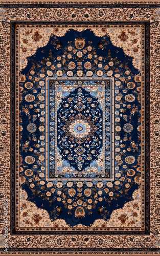 Blue brown persian rug with antique pattern top view photo