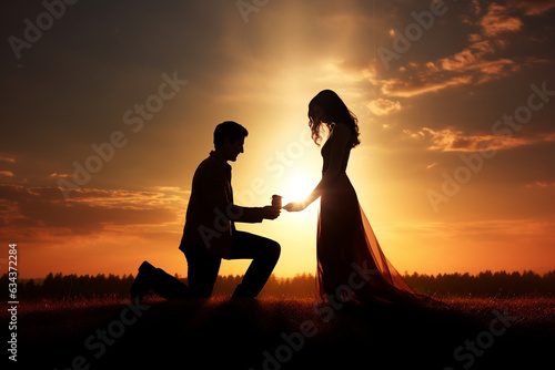 Man kneels before a beautiful woman, offering a glimmering ring as he proposes her in a moment of love and commitment. Ai generated photo