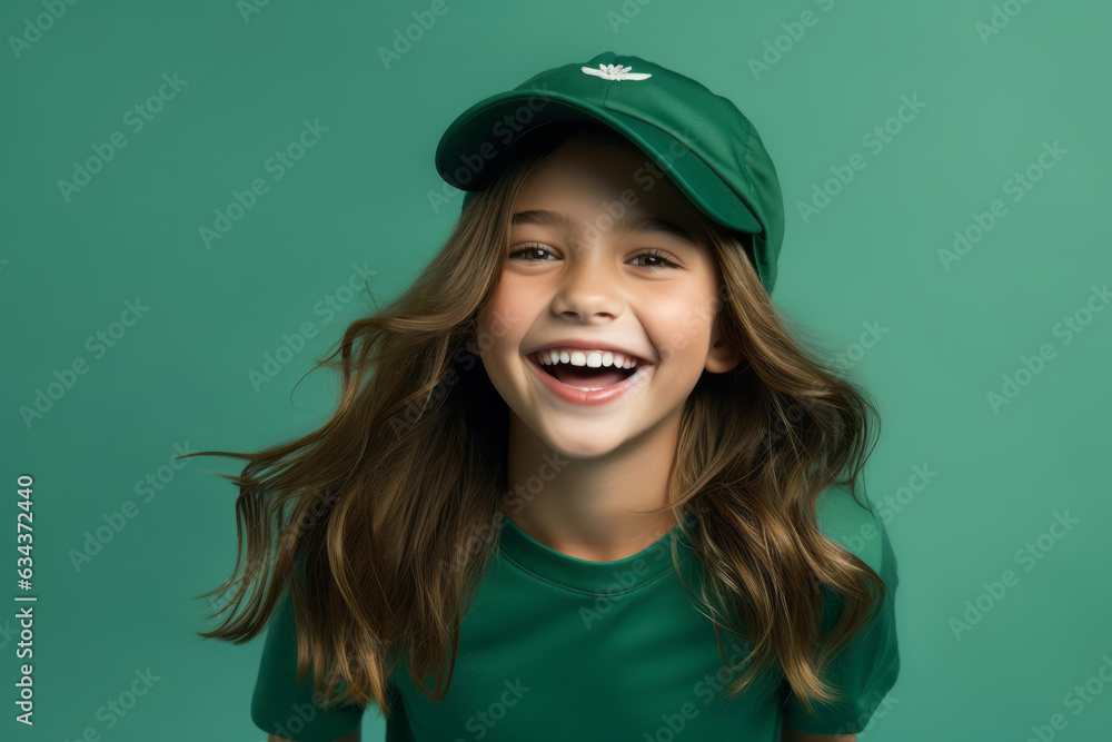 Joyful Caucasian Girl with Radiant Smile on Vibrant Green Studio Background Joyful Caucasian Girl with Radiant Smile on Vibrant Green Studio Background