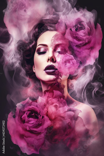 Sensual portrait of woman with pink flowers and smoke