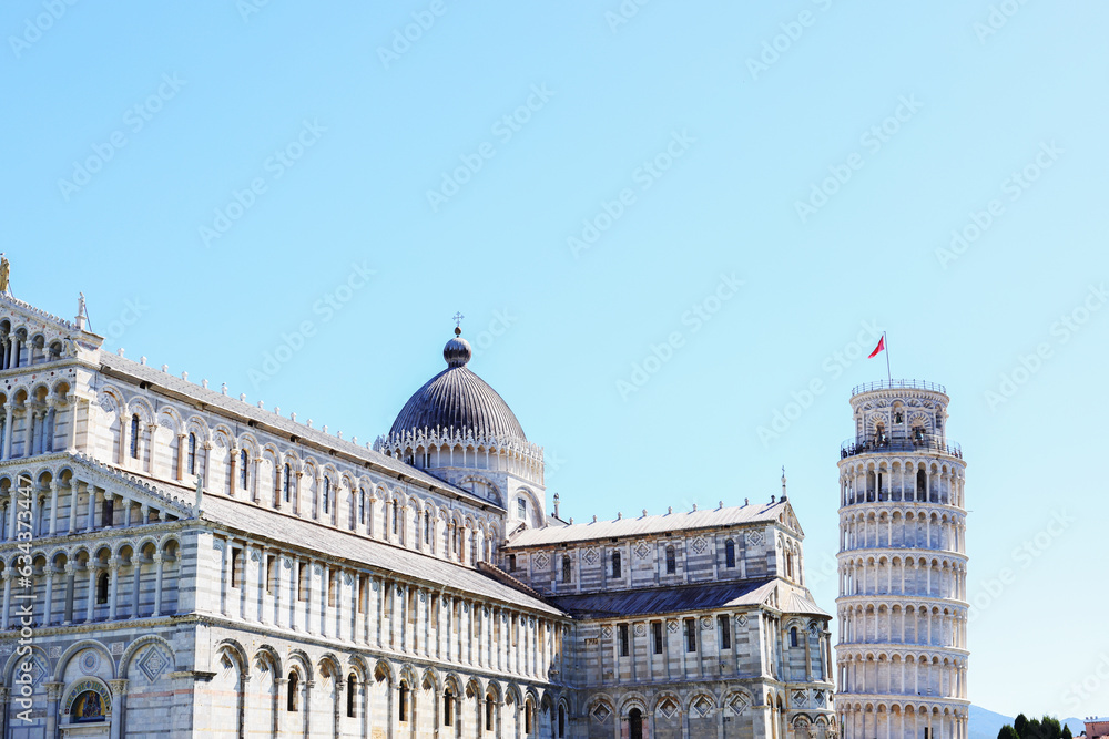 View of Cloudy blue sky in Pisa Cathedral with Leaning Tower Tuscany, Italy.The Leaning Tower of Pisa is one of the main landmark in Italy.