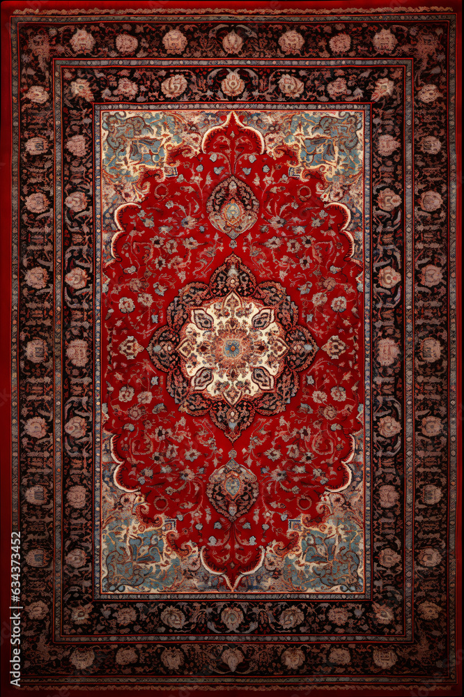 Red color persian carpet with antique pattern on the floor top view Red color persian carpet with antique pattern on the floor top view