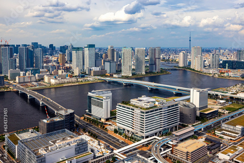 Aerial view of Odaiba Harbor in Minato City, Tokyo, Japan