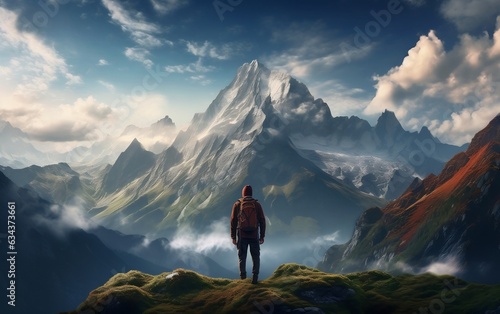 A Lone Hiker Amidst Majestic Panorama. Generative AI