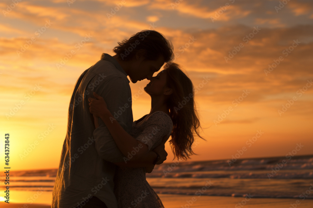 Against the backdrop of a breathtaking sunset, a deeply in love couple shares an intimate and passionate kiss. Ai generated