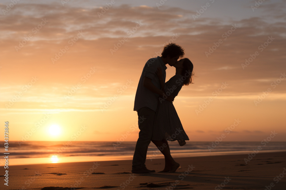 Couple kissing against the backdrop of a breathtaking sunset, a deeply in love couple shares an intimate and passionate kiss. Ai generated