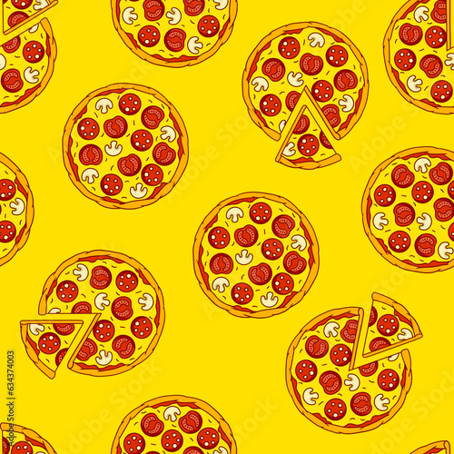 Tasty Italian pizza pattern. Delicious fast food meal. Background for cafe menu.