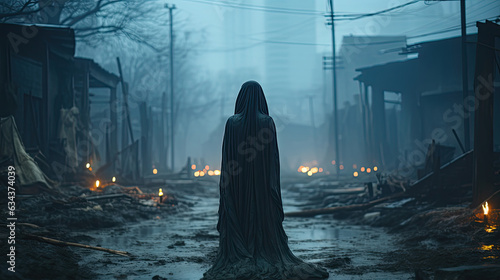 Mysterious woman with white veil walking in abandoned city with a terrifying atmosphere. Halloween concept.
