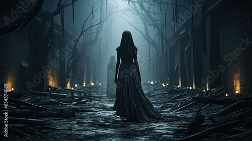 Mysterious woman with black veil walking in abandoned city with a terrifying atmosphere. Halloween concept.
