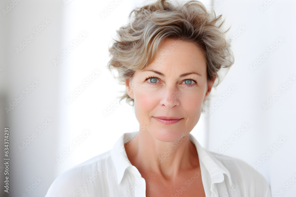 adult attractive woman smiling, about 50 years old on a plain background, studio light, portrait, beautiful aging, AI generated adult attractive woman smiling, about 50 years old on a plain background, studio light, portrait, beautiful aging, AI generated