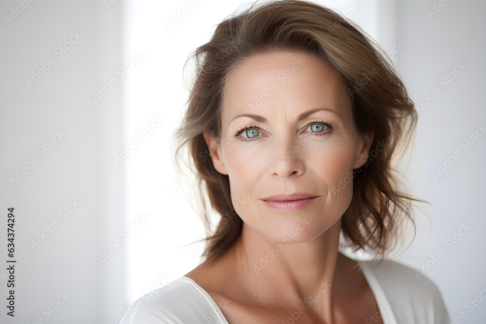 adult attractive woman smiling, about 50 years old on a plain background, studio light, portrait, beautiful aging, AI generated adult attractive woman smiling, about 50 years old on a plain background, studio light, portrait, beautiful aging, AI generated